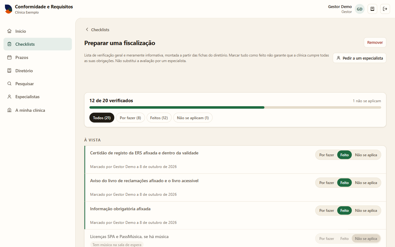 Checklist «Preparar uma fiscalização» da Conformidade e Requisitos, com 12 de 20 pontos verificados